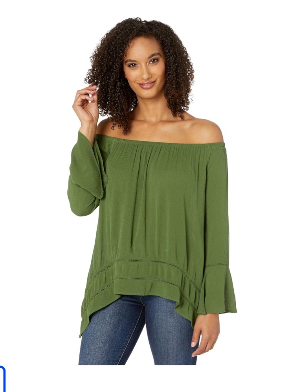 Wrangler Retro Off-the-Shoulder Olive Green Peasant Top